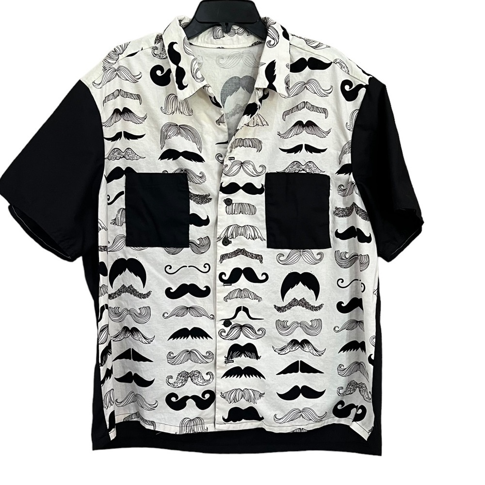 Handmade Short Sleeve Button Up Retro Style Mustache Print Bowling Shirt XL.​​